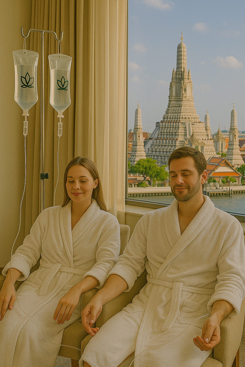 Professional IV therapy session - woman relaxing during vitamin drip treatment in luxury hotel room Bangkok Thailand