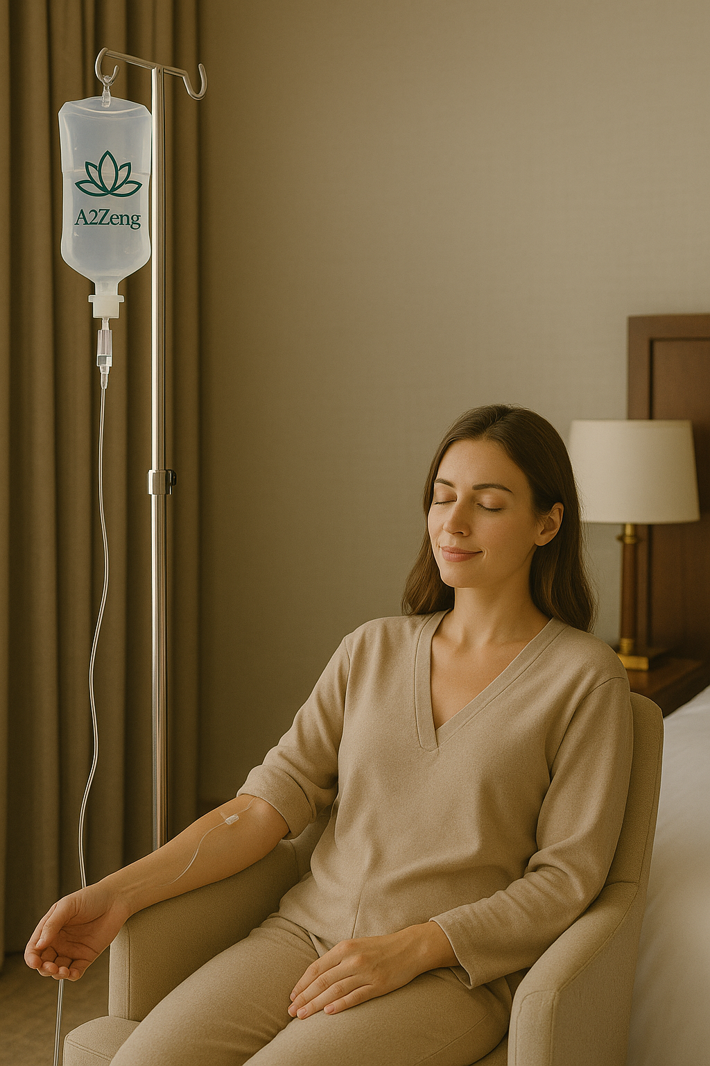 Couple receiving in-villa IV therapy treatment with licensed nurse Phuket Thailand medical tourism